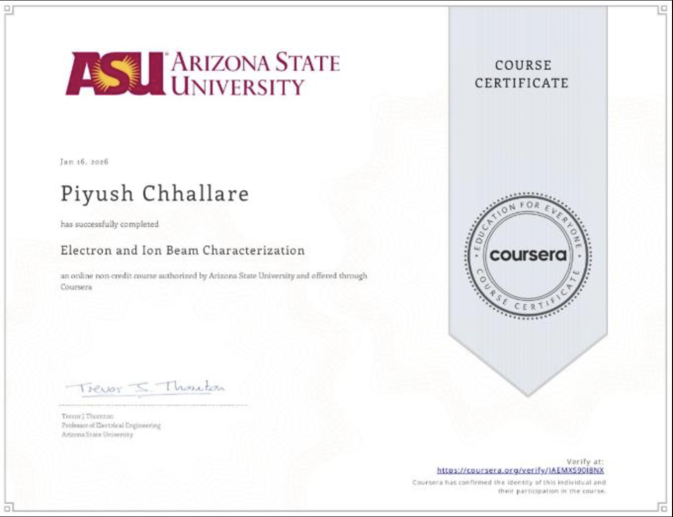 Electron and Ion Beam Characterization Certificate thumbnail