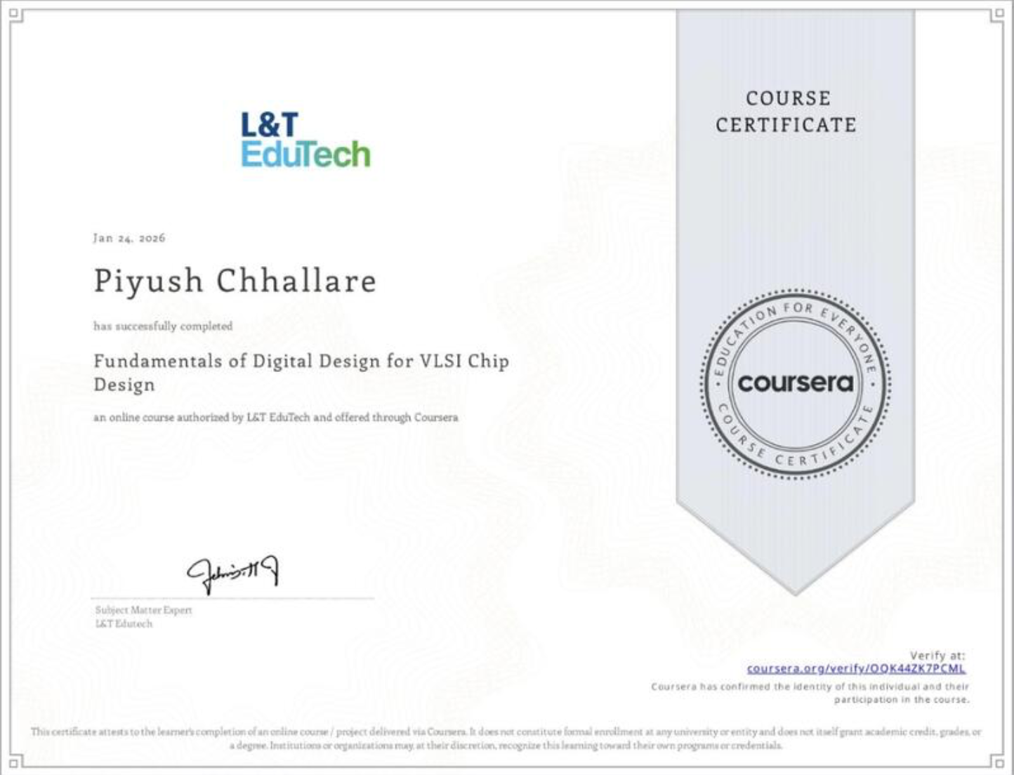 Fundamentals of Digital Design for VLSI Chip Design Certificate