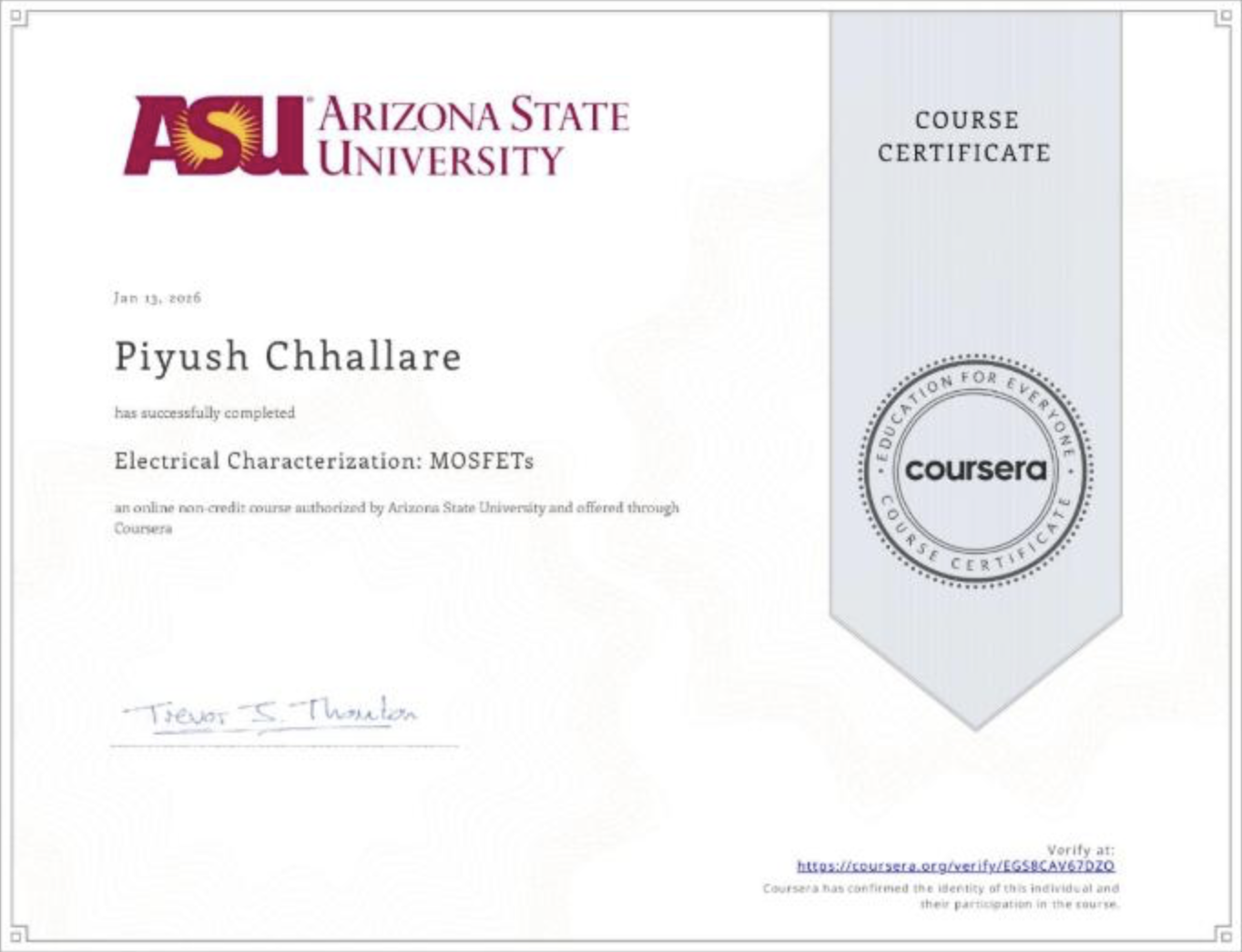 Electrical Characterization: MOSFETS Certificate thumbnail