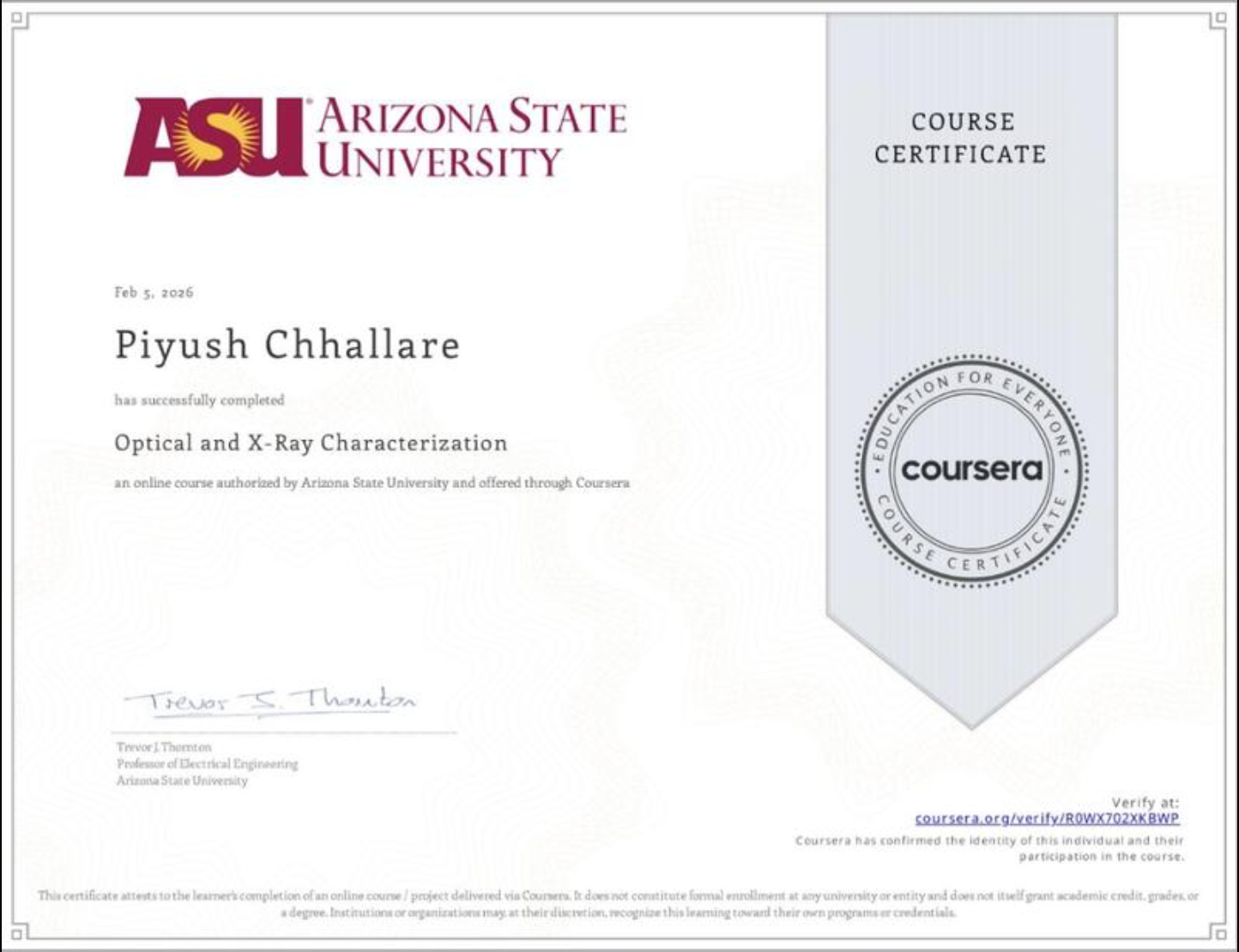 Optical and X-Ray Characterization Certificate thumbnail